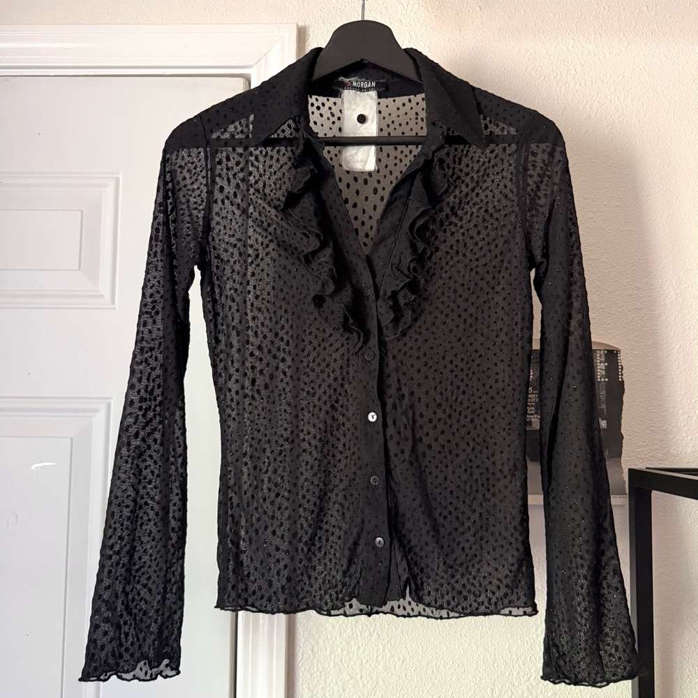 MORGAN DE TOI black vintage y2k euro ruffle sheer dot blouse‎ shirt